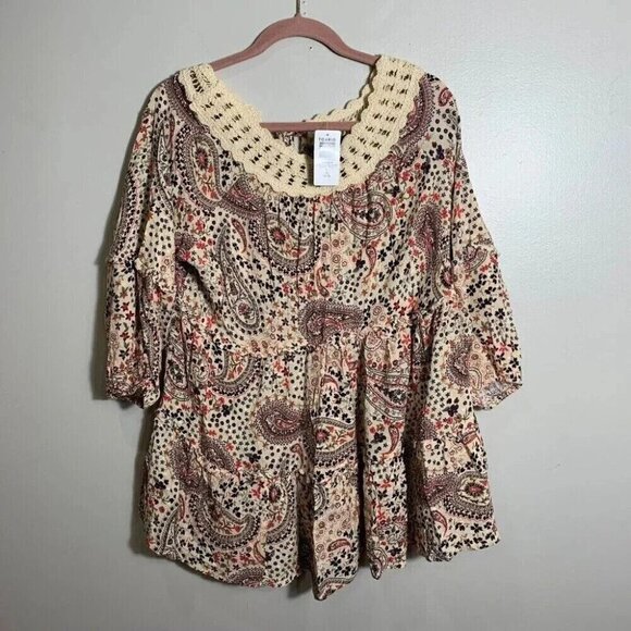 Torrid Babydoll Clip Dot Crinkle Gauze Crochet Neck Top Size 14 Boho Paisley NWT - Picture 1 of 12